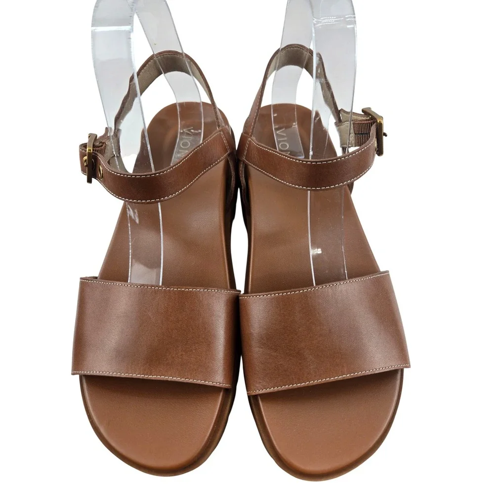 Vionic Jamie Tan Leather Platform Ankle Strap Lug Sole Sandals Womens 8.5